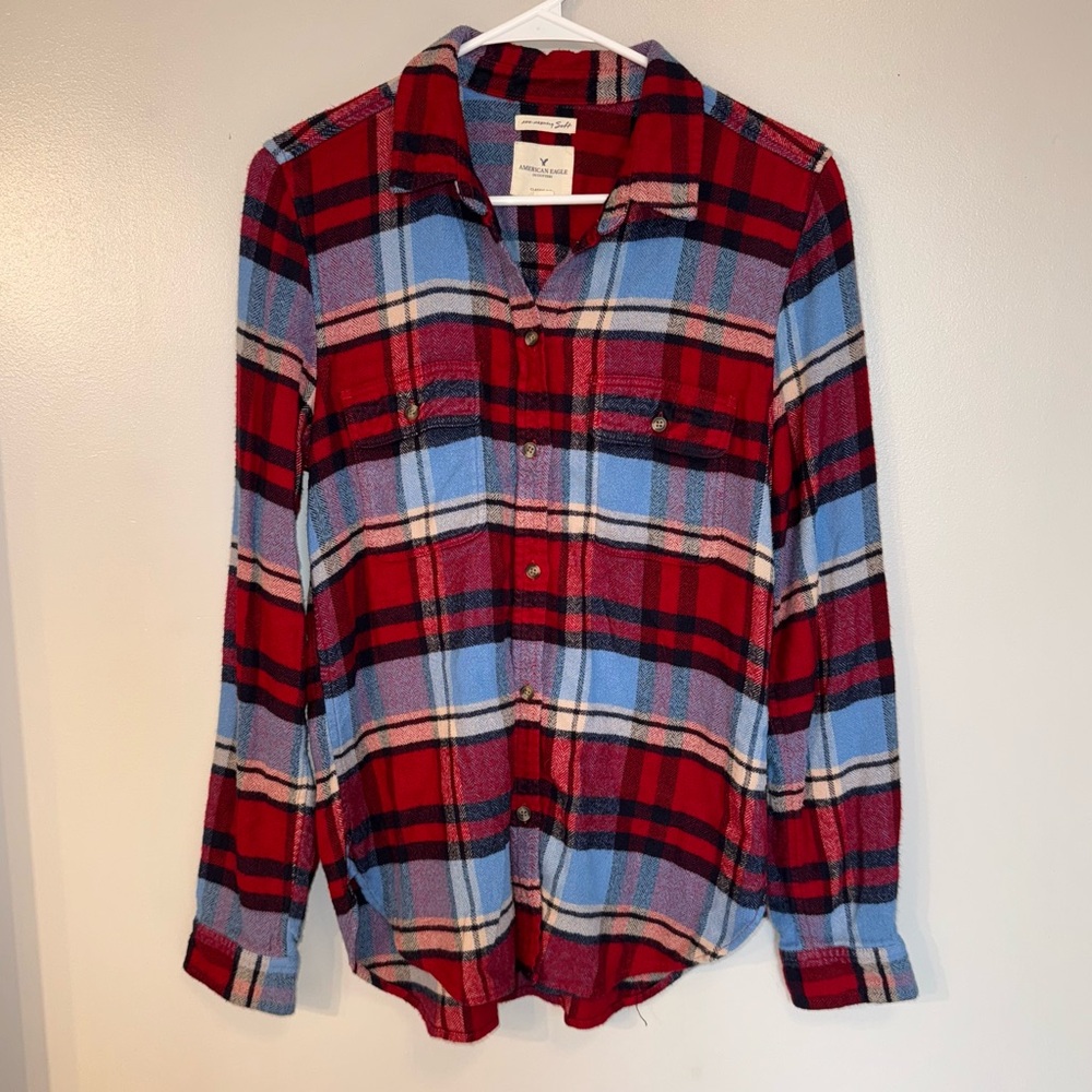 American Eagle Outfitters Red and Light Blue Plaid Button-Down Shirt